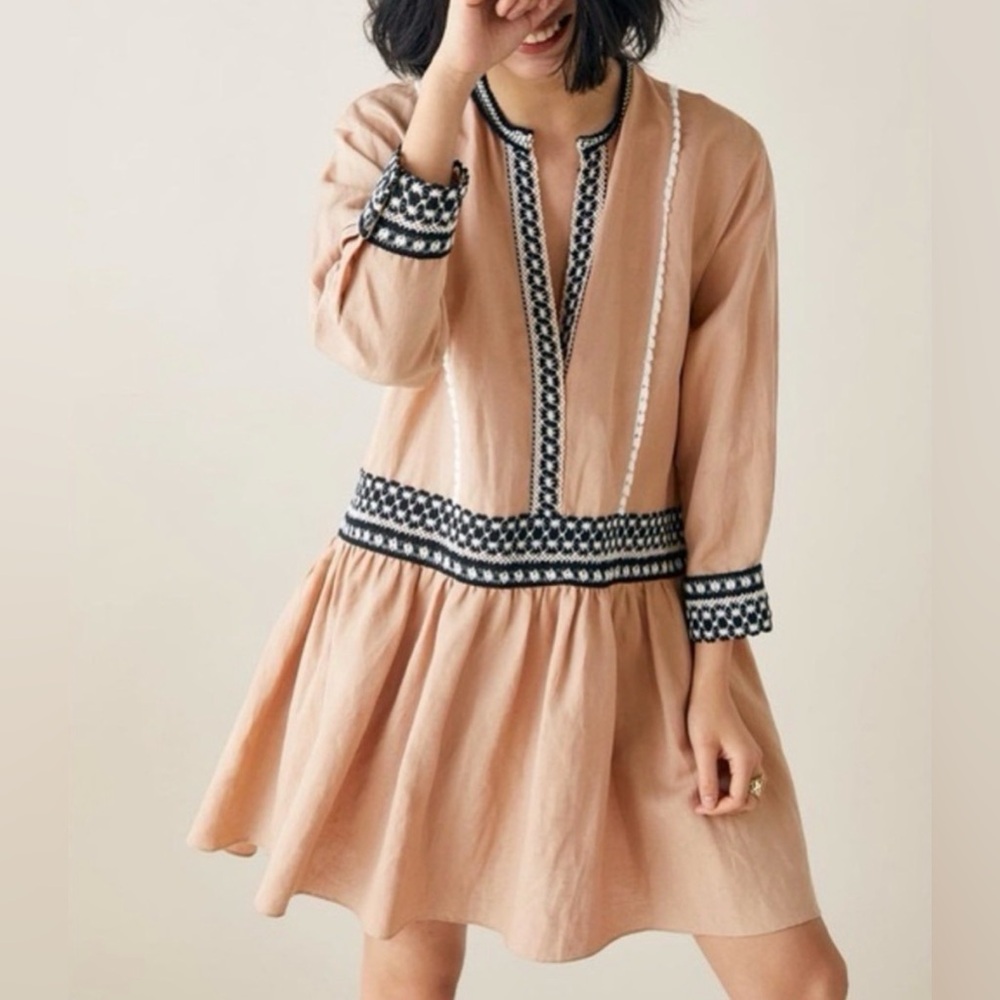 Zara Linen-Blend Embroidered Trim Cotton High-Low Tunic Bohemian Dress Size XS